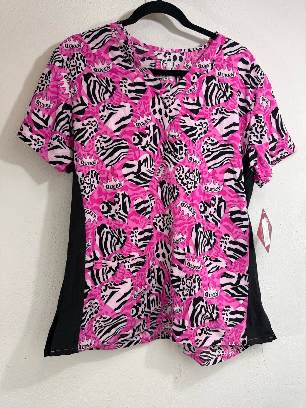 Pink Animal-Print Short-Sleeve Scrub Top with 'Queen' Graphic